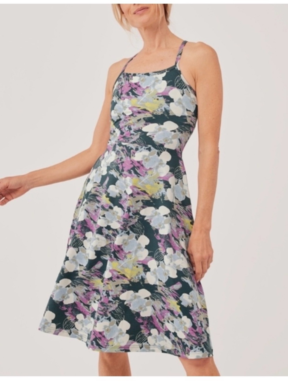PACT teal floral fit & flare dress